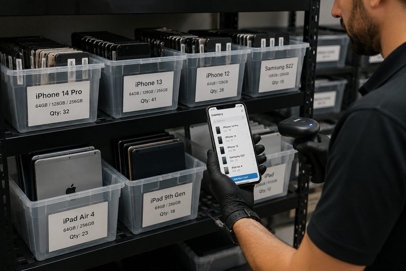 Labeled bins of company iPhones, Samsung Galaxy phones, and iPads being inventoried with a barcode scanner