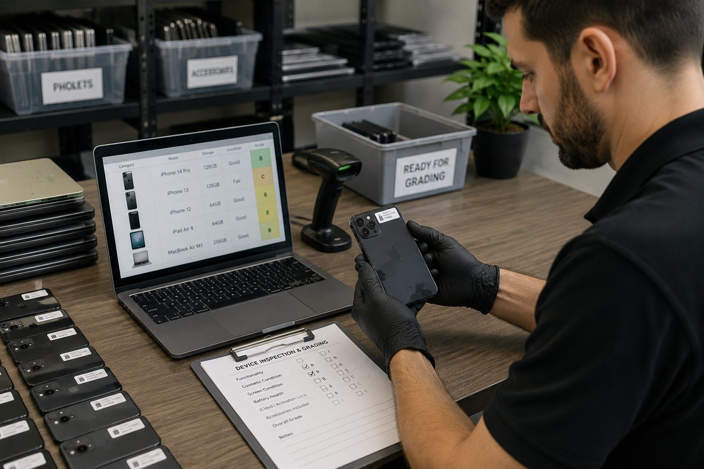 A technician inspecting and grading a smartphone against an itemized evaluation checklist