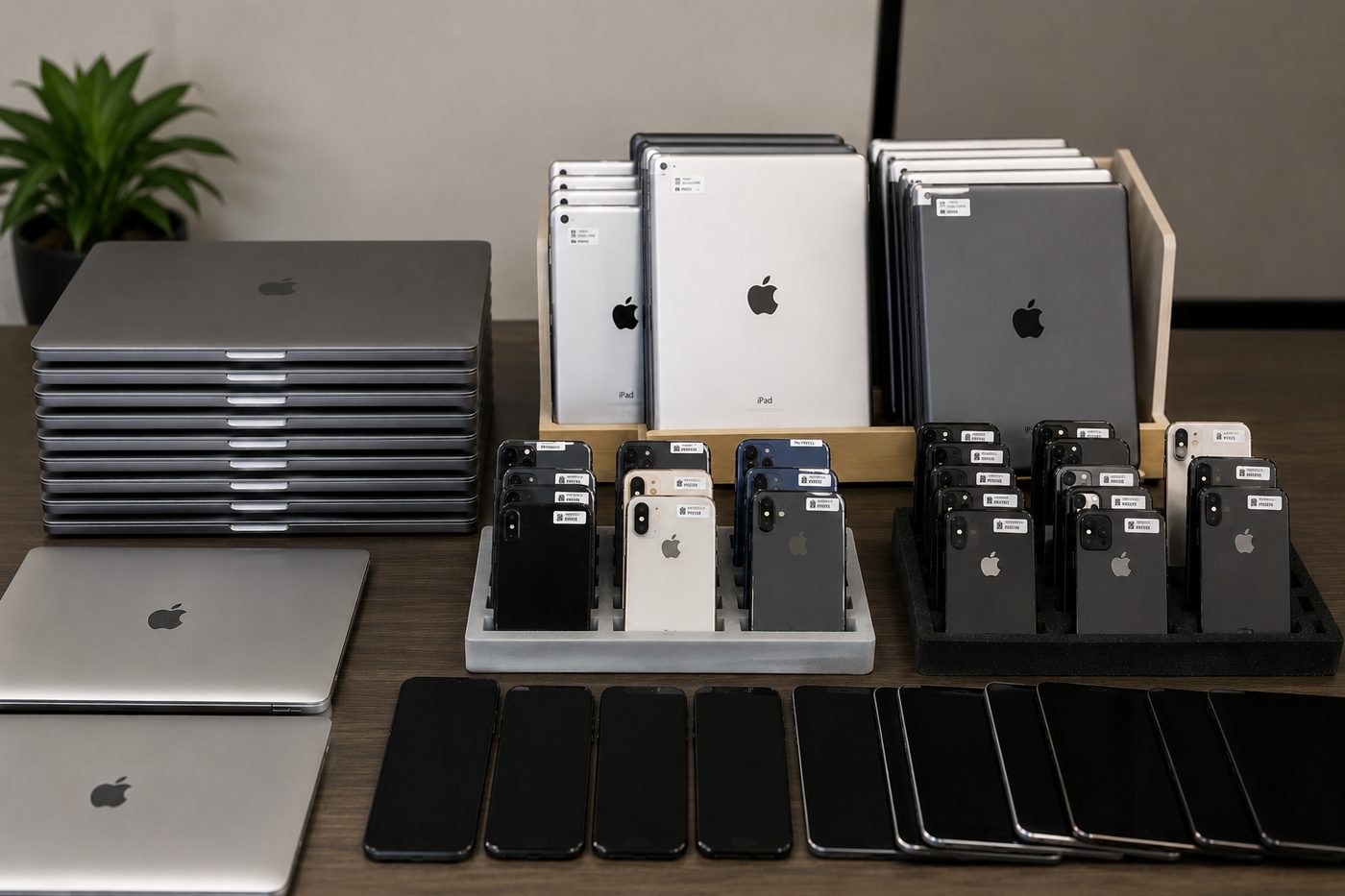 Rows of MacBooks, iPads, and iPhones organized and labeled for business buyback