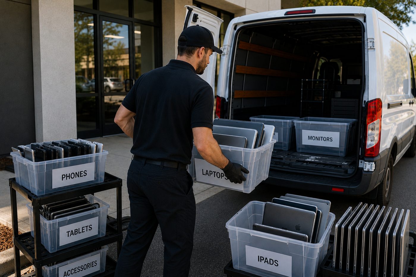 Labeled bins of phones, tablets, and laptops being loaded into a van during a local business pickup