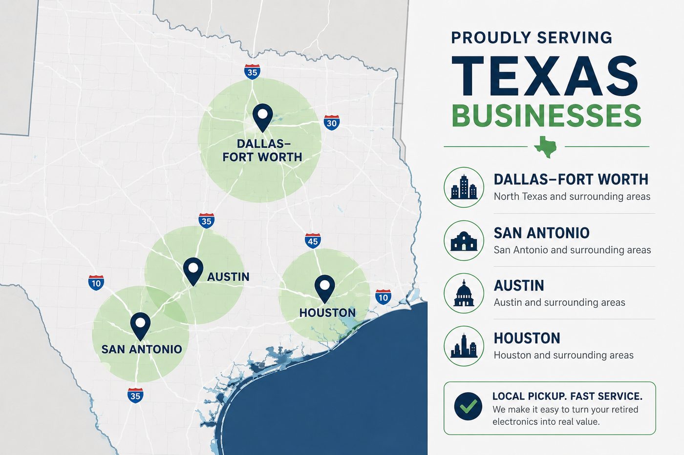 Service area map of Texas showing coverage in Dallas-Fort Worth, San Antonio, Austin, and Houston